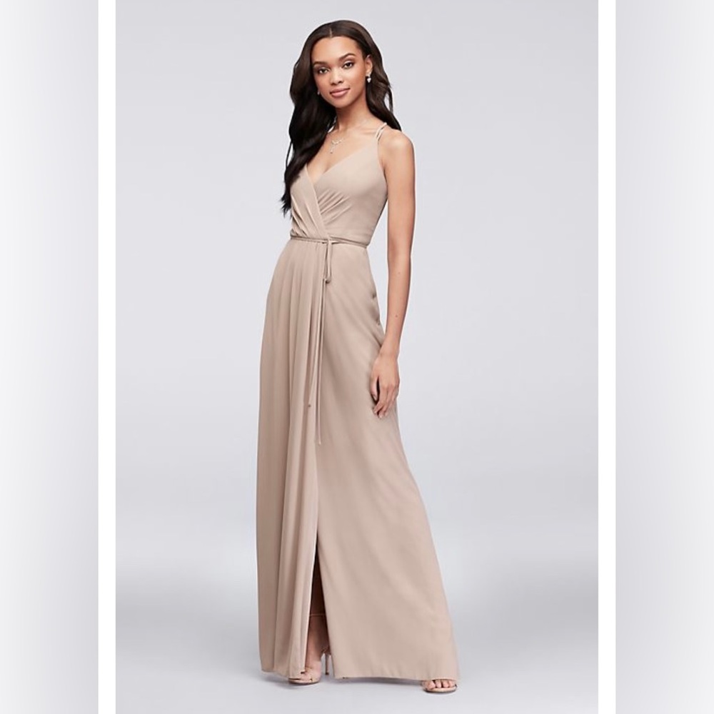 Bump friendly double-strap georgette bridesmaid true wrap dress David’s bridal